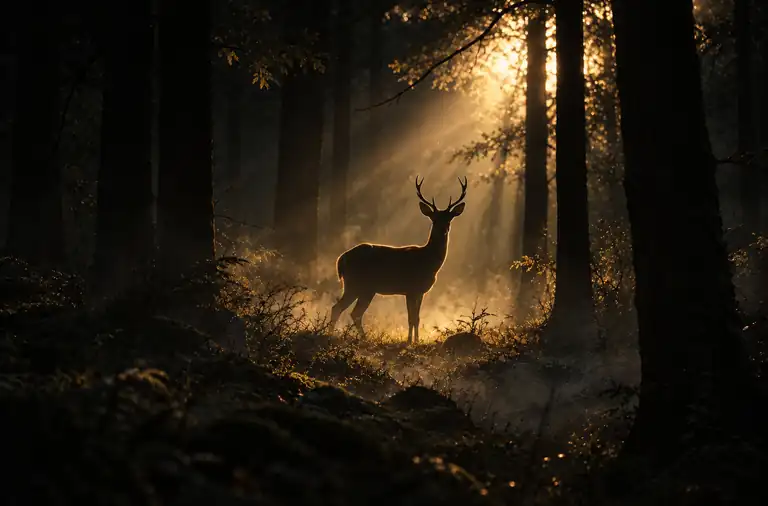 Veado atento numa floresta ao amanhecer, imagem do instinto da Porta 57