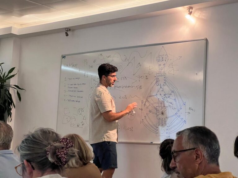 João Matos a explicar um Mapa de Desenho Humano no quadro durante um workshop