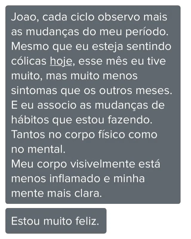 Mensagem de cliente do Programa de Coaching. Este mês tive muito menos sintomas do que nos outros meses. O meu corpo está visivelmente menos inflamado e a minha mente mais clara. Estou muito feliz.