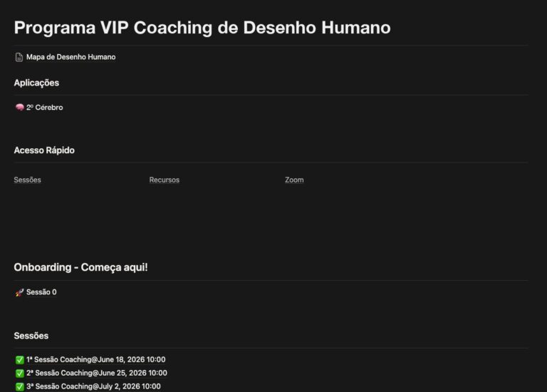 Espaço de cliente no Notion do Programa de Coaching de Desenho Humano