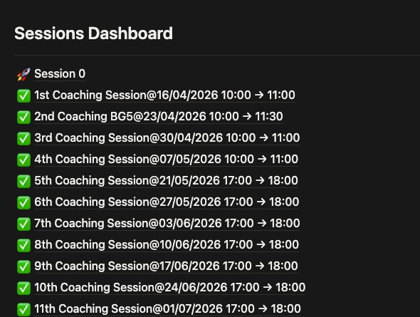 Completed sessions list in a Coaching Program client Notion workspace