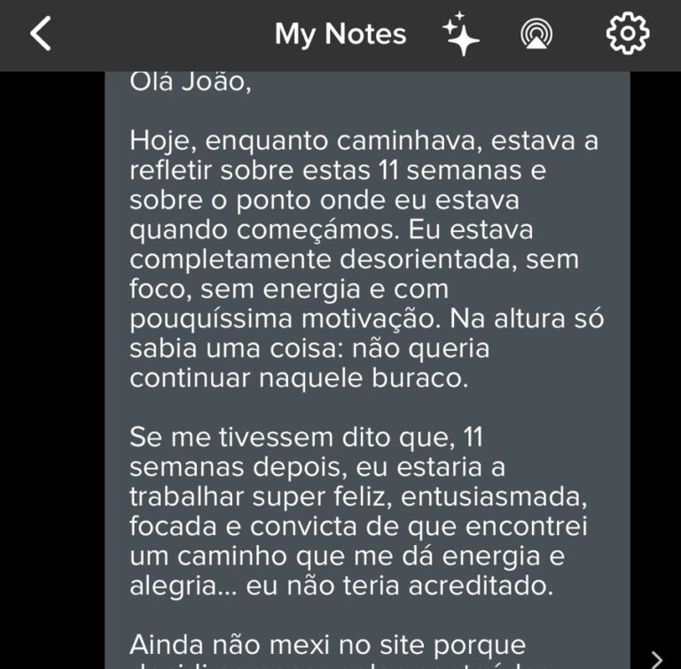Mensagem de uma cliente no Voxer durante o Programa de Coaching